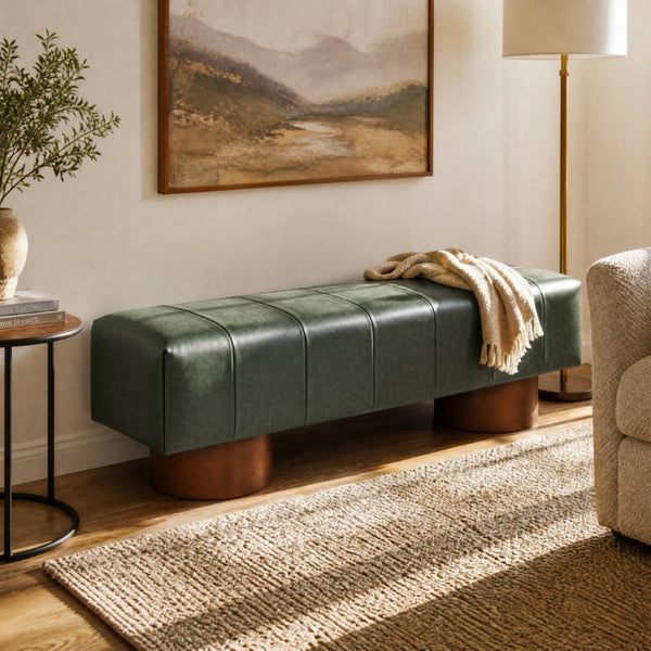 English Elm Green Channel Tufted PU Upholstered Dining Bench with Rubberwood Legs for Entryway N779P428990P