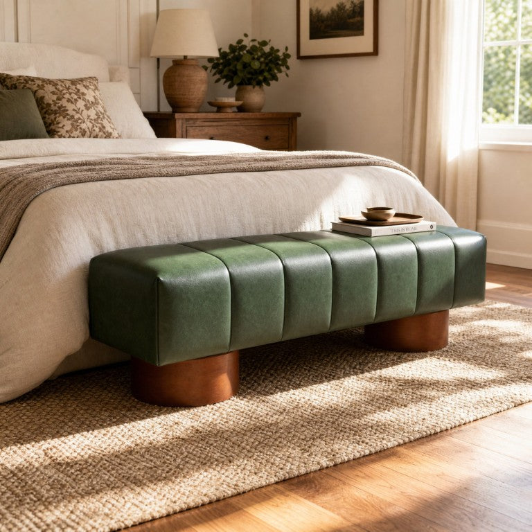 English Elm Green Channel Tufted PU Upholstered Dining Bench with Rubberwood Legs for Entryway N779P428990P