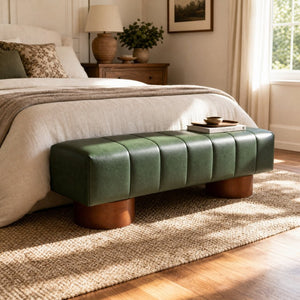 English Elm Green Channel Tufted PU Upholstered Dining Bench with Rubberwood Legs for Entryway N779P428990P