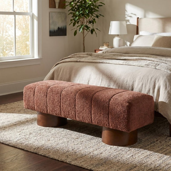 English Elm Rust Boucle Channel Tufted Dining Bench Rubberwood Frame Modern Two Person Seat N779P428990R