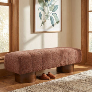English Elm Rust Boucle Channel Tufted Dining Bench Rubberwood Frame Modern Two Person Seat N779P428990R