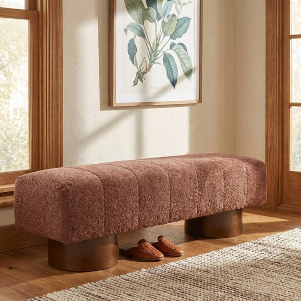 English Elm Rust Boucle Channel Tufted Dining Bench Rubberwood Frame Modern Two Person Seat N779P428990R