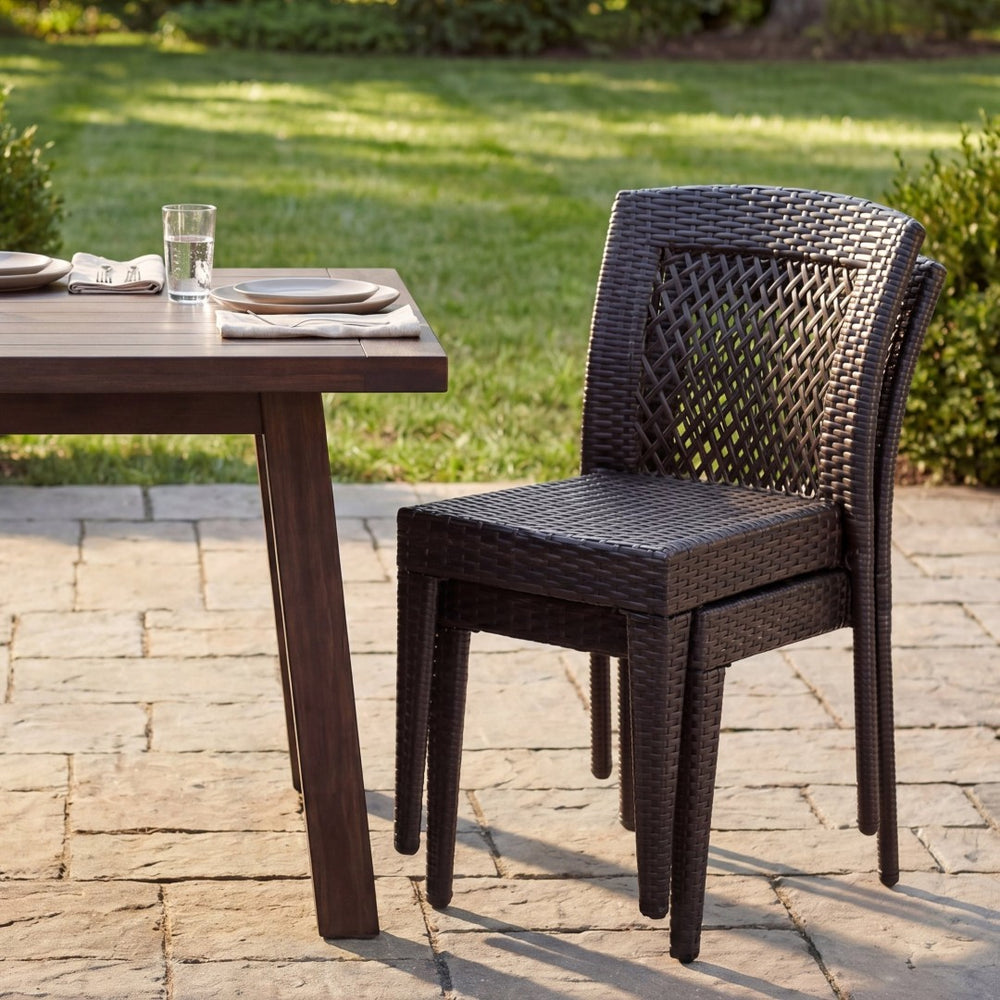 English Elm Outdoor Stackable Dining Chair Set PE Rattan Diamond Weave Iron Frame Patio Duo N779P433231B