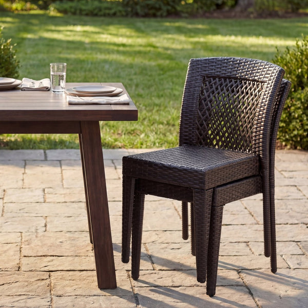 English Elm Outdoor Stackable Dining Chair Set PE Rattan Diamond Weave Iron Frame Patio Duo N779P433231B