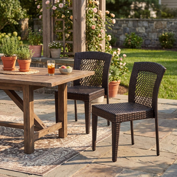 English Elm Outdoor Stackable Dining Chair Set PE Rattan Diamond Weave Iron Frame Patio Duo N779P433231B