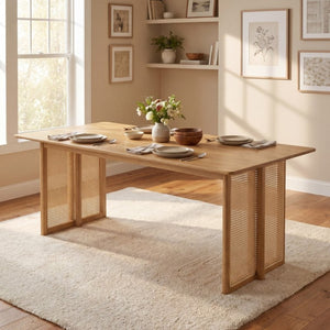 English Elm Walnut-Colored Rubberwood Dining Table with Rattan Woven Legs Seats Six Bohemian Natural N779P436250N