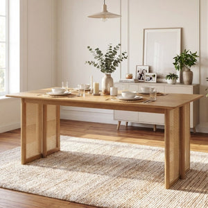 English Elm Walnut-Colored Rubberwood Dining Table with Rattan Woven Legs Seats Six Bohemian Natural N779P436250N