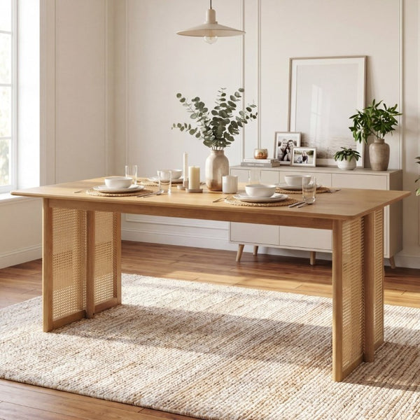 English Elm Walnut-Colored Rubberwood Dining Table with Rattan Woven Legs Seats Six Bohemian Natural N779P436250N
