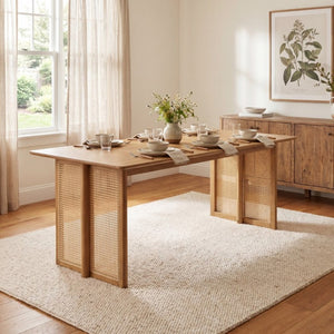 English Elm Walnut-Colored Rubberwood Dining Table with Rattan Woven Legs Seats Six Bohemian Natural N779P436250N