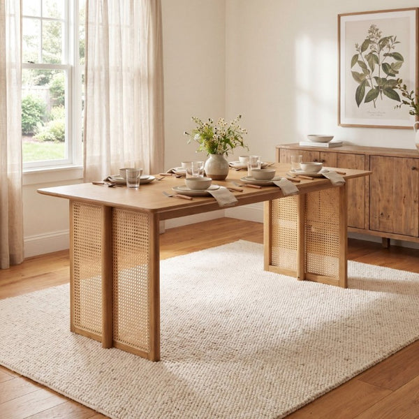 English Elm Walnut-Colored Rubberwood Dining Table with Rattan Woven Legs Seats Six Bohemian Natural N779P436250N