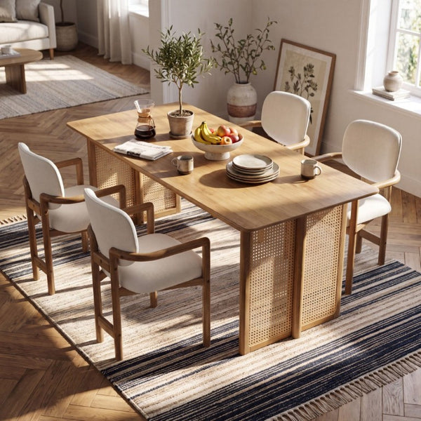 English Elm 5-Piece Rubberwood Dining Set with Rattan Accents for Farmhouse or Coastal Rooms Natural/White N779P436250N_N779P233060W-2