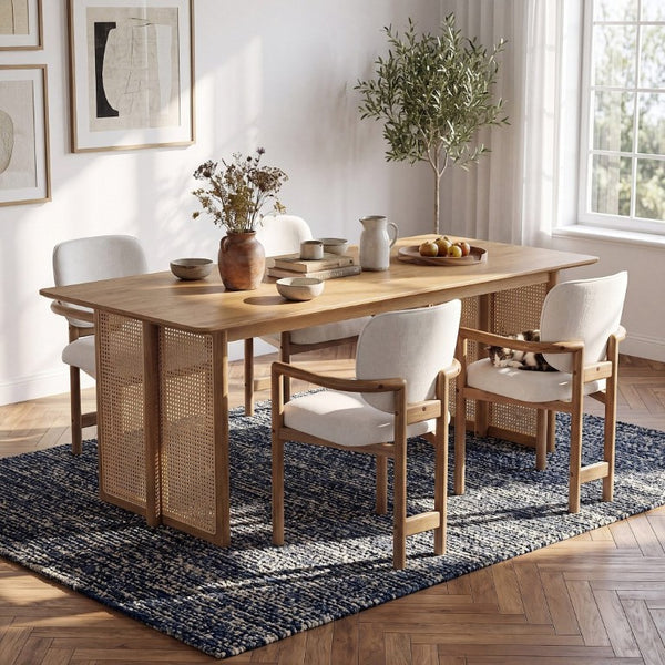 English Elm 5-Piece Rubberwood Dining Set with Rattan Accents for Farmhouse or Coastal Rooms Natural/White N779P436250N_N779P233060W-2
