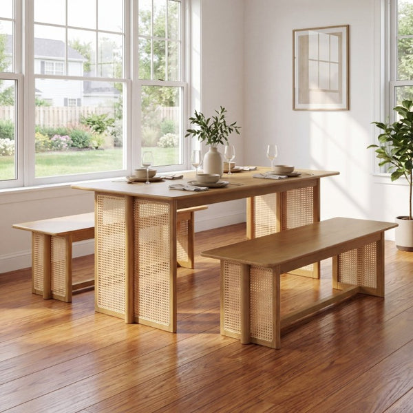 English Elm Walnut-Colored Rubberwood Dining Set with Rattan Woven Legs Boho Mid-Century 3 Piece Natural N779P436250N_N779P436252N-2