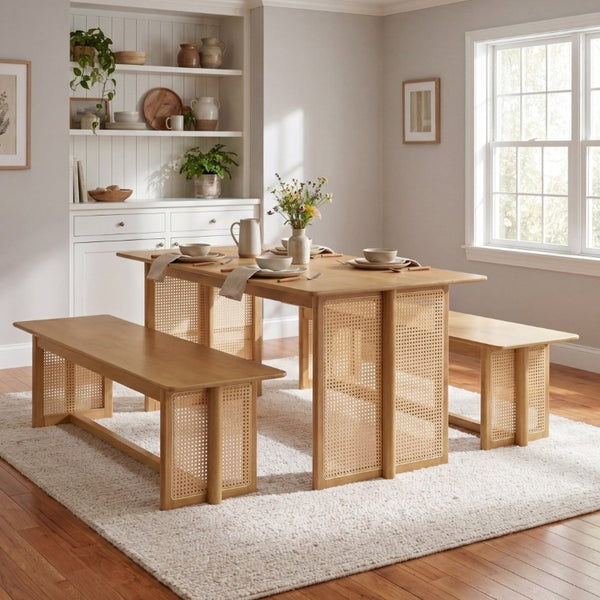 English Elm Walnut-Colored Rubberwood Dining Set with Rattan Woven Legs Boho Mid-Century 3 Piece Natural N779P436250N_N779P436252N-2