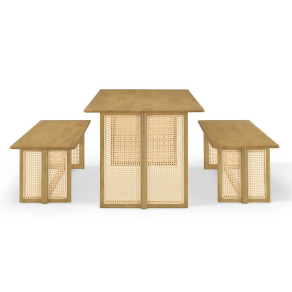 English Elm Walnut-Colored Rubberwood Dining Set with Rattan Woven Legs Boho Mid-Century 3 Piece Natural N779P436250N_N779P436252N-2