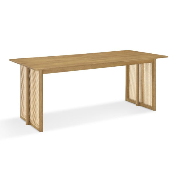 English Elm Walnut-Colored Rubberwood Dining Set with Rattan Woven Legs Boho Mid-Century 3 Piece Natural N779P436250N_N779P436252N-2