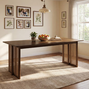 English Elm Walnut-Colored Rubberwood Dining Table with Rattan Woven Legs Seats Six Bohemian Coffee/Walnut N779P436250W