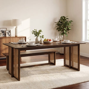 English Elm Walnut-Colored Rubberwood Dining Table with Rattan Woven Legs Seats Six Bohemian Coffee/Walnut N779P436250W