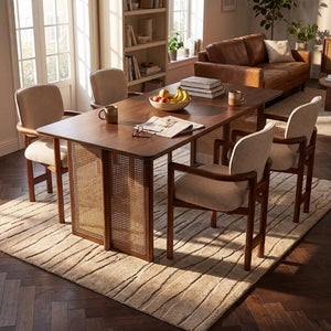 English Elm 5-Piece Rubberwood Dining Set with Rattan Accents for Farmhouse or Coastal Rooms Beige/Brown/Coffee/Walnut N779P436250W_N779P233060B-2