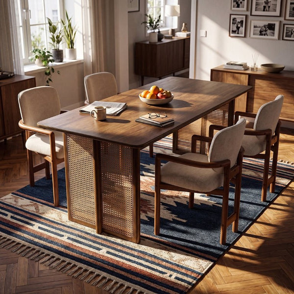English Elm 5-Piece Rubberwood Dining Set with Rattan Accents for Farmhouse or Coastal Rooms Beige/Brown/Coffee/Walnut N779P436250W_N779P233060B-2