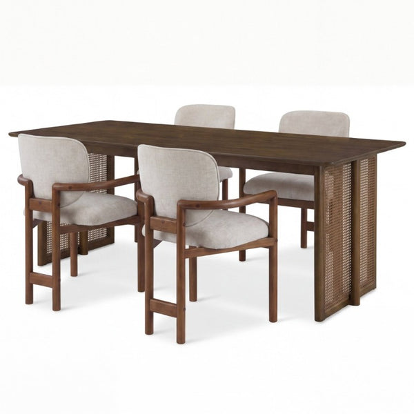 English Elm 5-Piece Rubberwood Dining Set with Rattan Accents for Farmhouse or Coastal Rooms Beige/Brown/Coffee/Walnut N779P436250W_N779P233060B-2