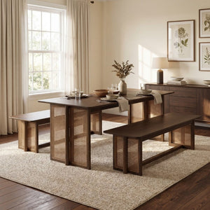 English Elm Walnut-Colored Rubberwood Dining Set with Rattan Woven Legs Boho Mid-Century 3 Piece Walnut N779P436250W_N779P436252W-2