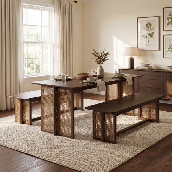 English Elm Walnut-Colored Rubberwood Dining Set with Rattan Woven Legs Boho Mid-Century 3 Piece Walnut N779P436250W_N779P436252W-2