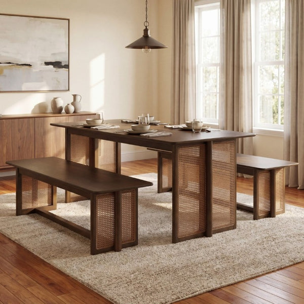 English Elm Walnut-Colored Rubberwood Dining Set with Rattan Woven Legs Boho Mid-Century 3 Piece Walnut N779P436250W_N779P436252W-2