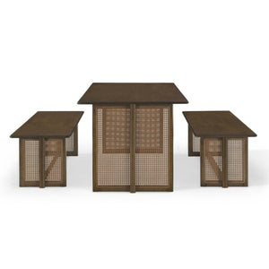 English Elm Walnut-Colored Rubberwood Dining Set with Rattan Woven Legs Boho Mid-Century 3 Piece Walnut N779P436250W_N779P436252W-2