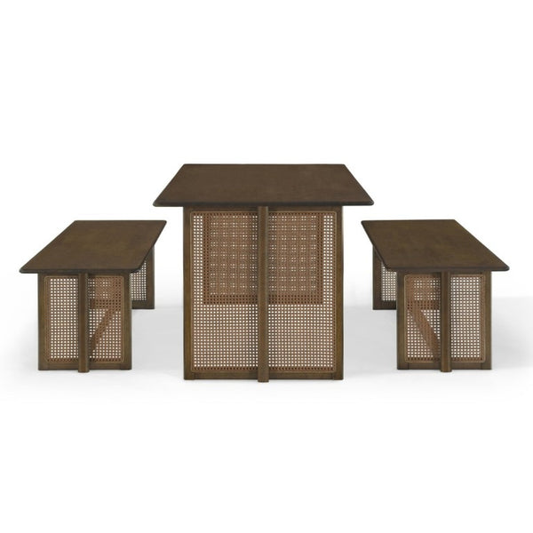 English Elm Walnut-Colored Rubberwood Dining Set with Rattan Woven Legs Boho Mid-Century 3 Piece Walnut N779P436250W_N779P436252W-2