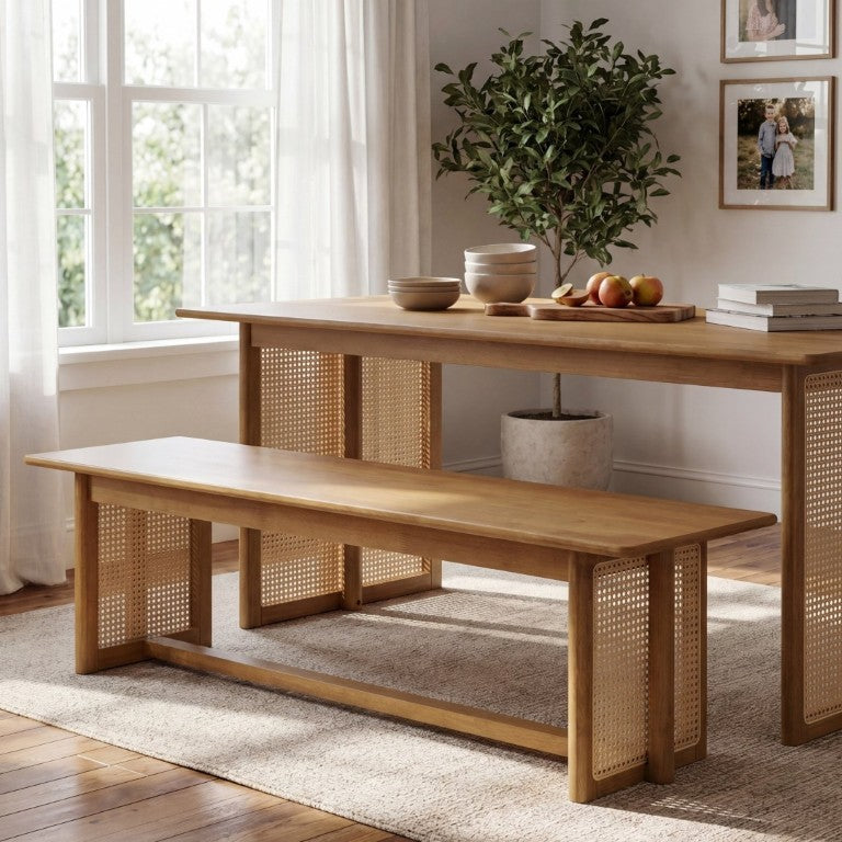 English Elm Natural Rubberwood Dining Bench with Rattan Weave Apron for Entryway or Kitchen N779P436252N