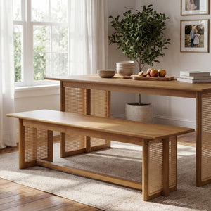 English Elm Natural Rubberwood Dining Bench with Rattan Weave Apron for Entryway or Kitchen N779P436252N