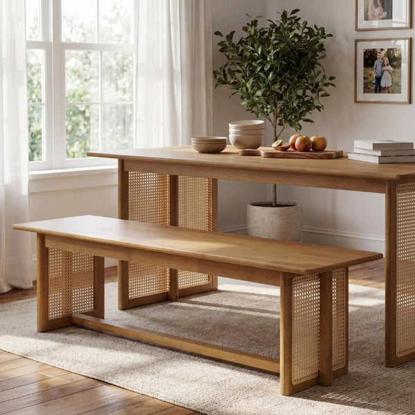 English Elm Natural Rubberwood Dining Bench with Rattan Weave Apron for Entryway or Kitchen N779P436252N