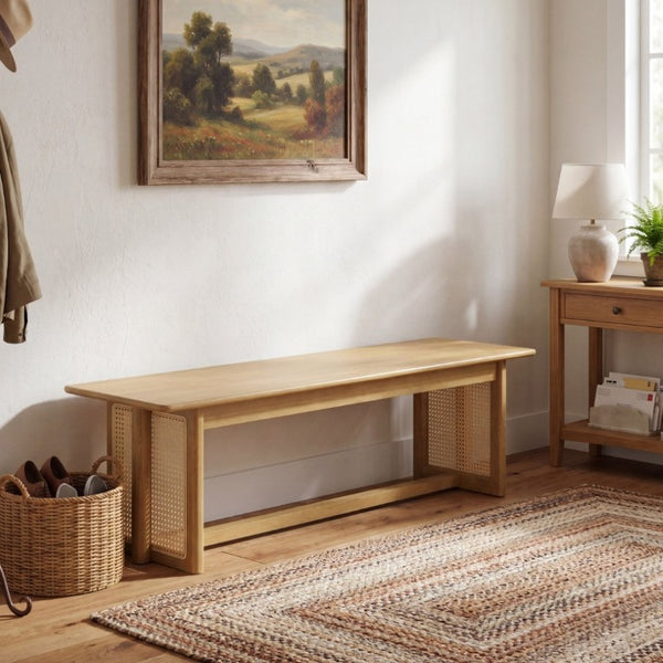 English Elm Natural Rubberwood Dining Bench with Rattan Weave Apron for Entryway or Kitchen N779P436252N