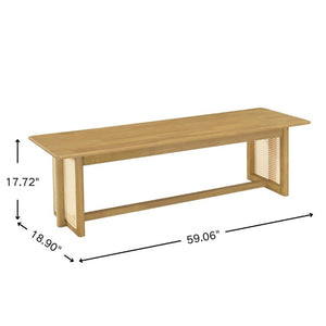 English Elm Natural Rubberwood Dining Bench with Rattan Weave Apron for Entryway or Kitchen N779P436252N