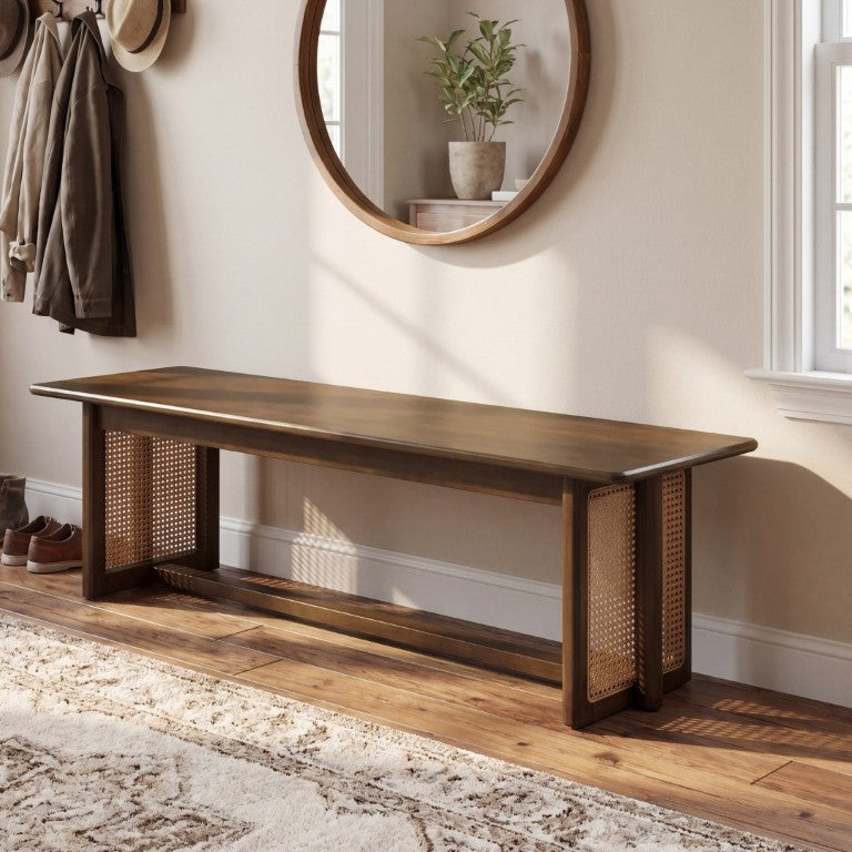 English Elm Walnut-Colored Rubberwood Dining Bench with Woven Rattan Texture for Boho Entryway Decor N779P436252W