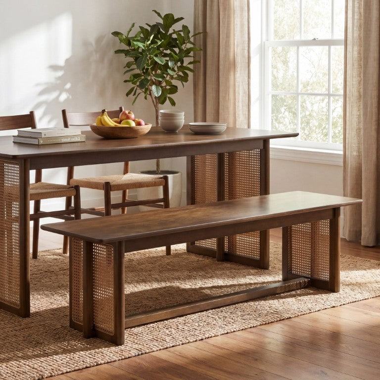English Elm Walnut-Colored Rubberwood Dining Bench with Woven Rattan Texture for Boho Entryway Decor N779P436252W