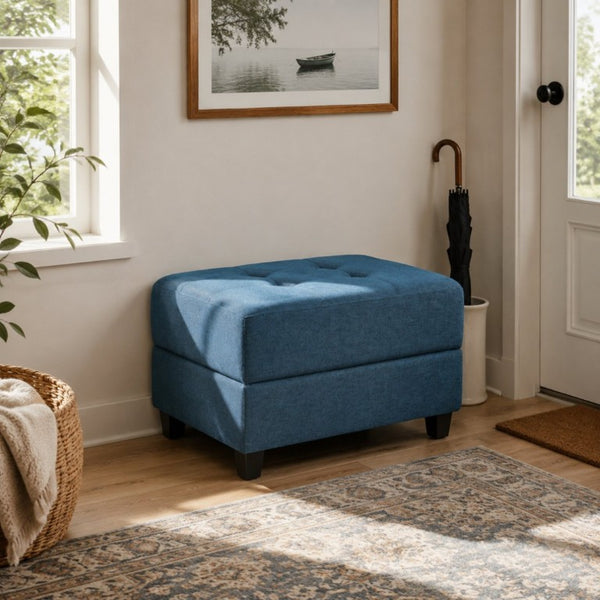 English Elm Navy Button Tufted Fabric Ottoman Footrest with Rubberwood Legs for Living Room N779P445624N