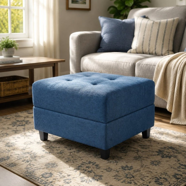 English Elm Navy Button Tufted Fabric Ottoman Footrest with Rubberwood Legs for Living Room N779P445624N