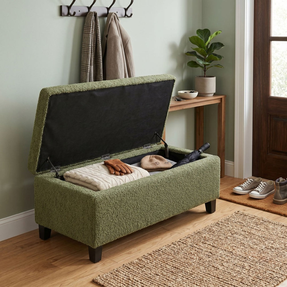 English Elm Storage Ottoman Boucle Upholstered Flip Top Bench with Rubberwood Legs Mid-century Style N779P458126G