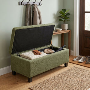 English Elm Storage Ottoman Boucle Upholstered Flip Top Bench with Rubberwood Legs Mid-century Style N779P458126G