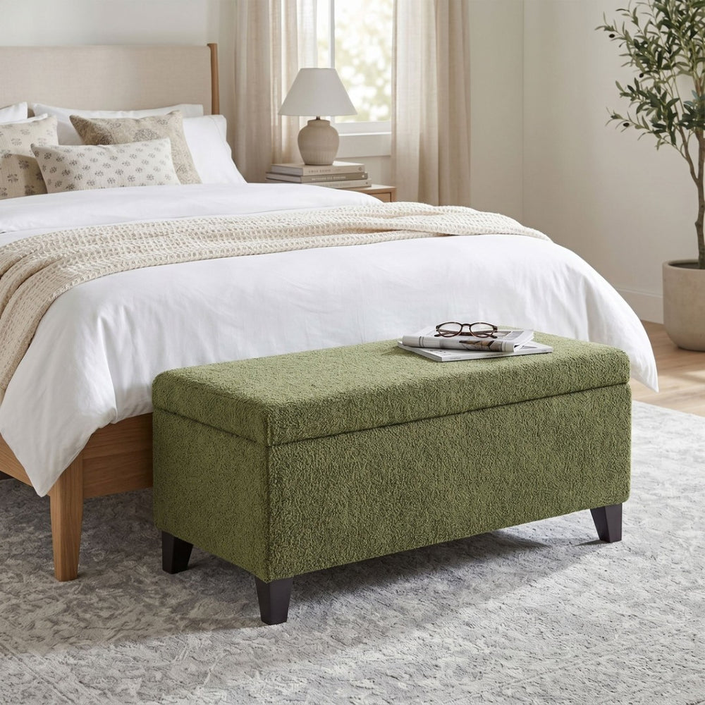 English Elm Storage Ottoman Boucle Upholstered Flip Top Bench with Rubberwood Legs Mid-century Style N779P458126G