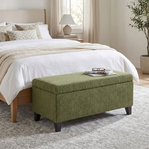 English Elm Storage Ottoman Boucle Upholstered Flip Top Bench with Rubberwood Legs Mid-century Style N779P458126G