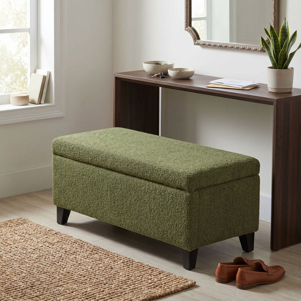 English Elm Storage Ottoman Boucle Upholstered Flip Top Bench with Rubberwood Legs Mid-century Style N779P458126G