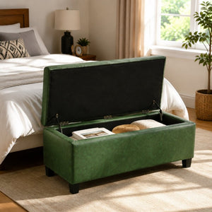 English Elm Storage Ottoman PU Leather Bench with Hydraulic Lid and Solid Rubberwood Legs N779P458126P