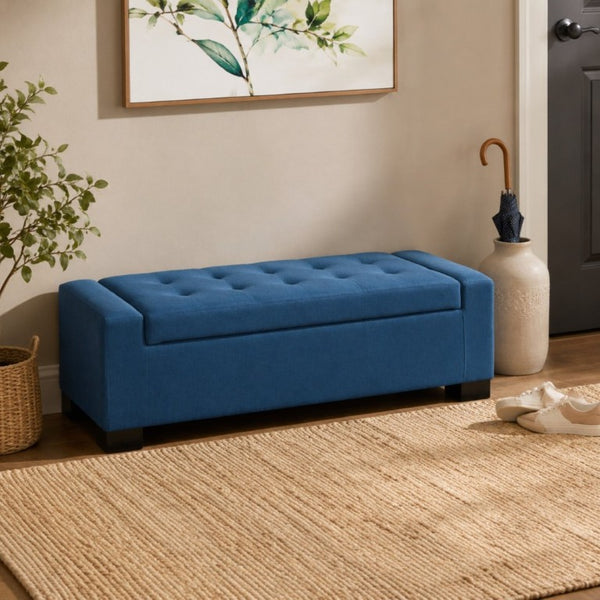 English Elm Navy Button Tufted Storage Bench Upholstered Footrest with Rubberwood Legs for Bedroom N779P458170N