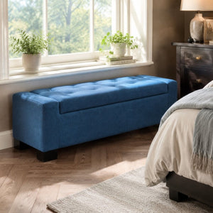 English Elm Navy Button Tufted Storage Bench Upholstered Footrest with Rubberwood Legs for Bedroom N779P458170N