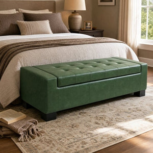 English Elm Green Button Tufted Storage Bench PU Upholstered Footrest with Rubberwood Legs Bedroom N779P458170P