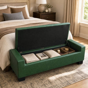 English Elm Green Button Tufted Storage Bench PU Upholstered Footrest with Rubberwood Legs Bedroom N779P458170P