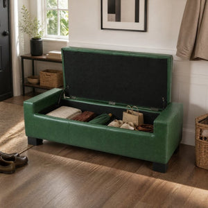 English Elm Green Button Tufted Storage Bench PU Upholstered Footrest with Rubberwood Legs Bedroom N779P458170P